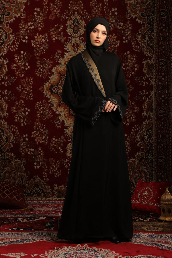 Satin Lapel Embellished Abaya Set