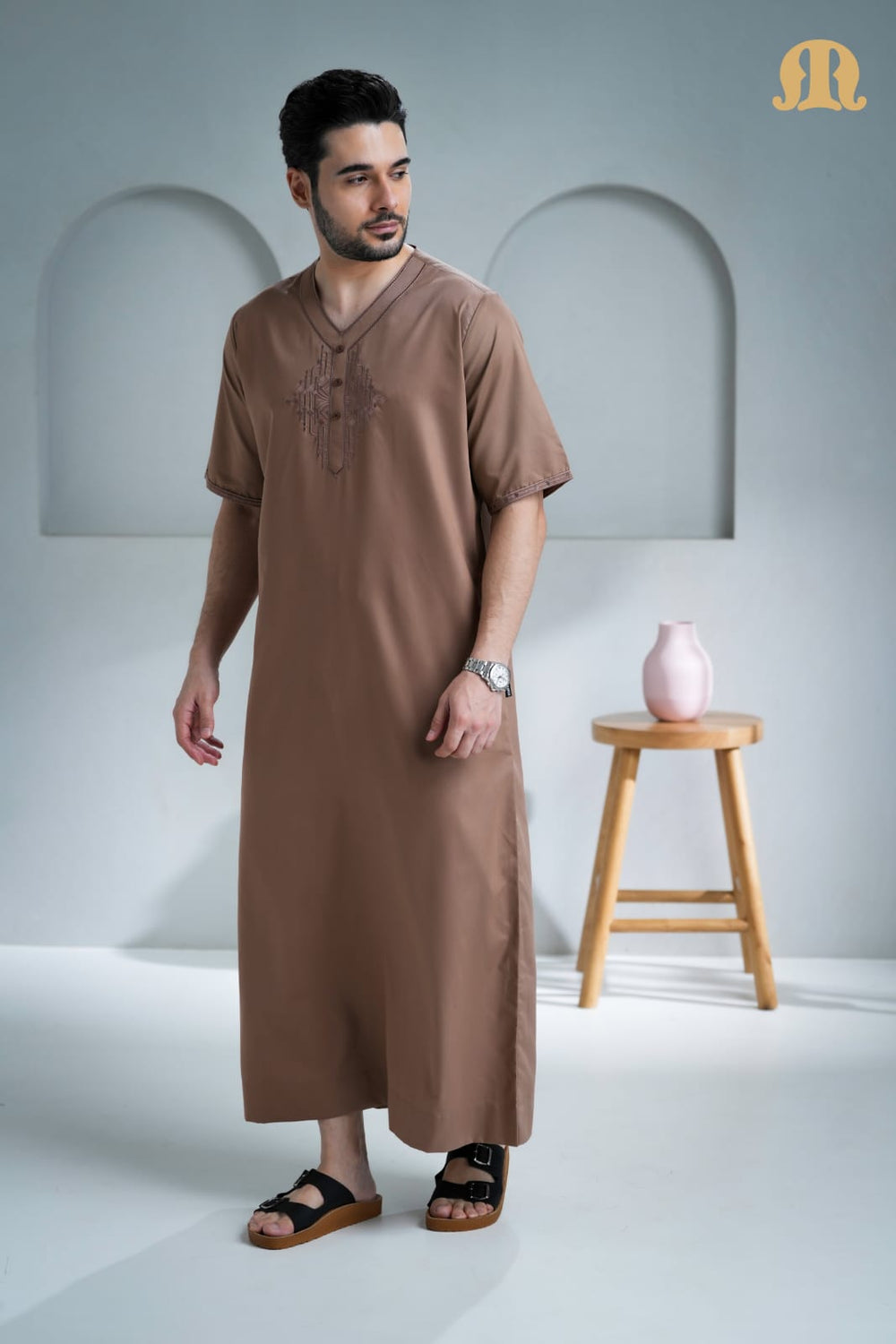 Nubel Half Sleeve Thobe Brown for Men