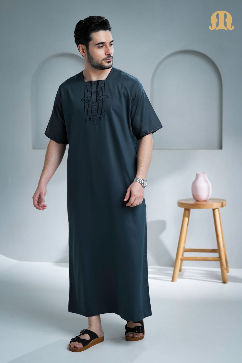 Amoura Half Sleeve Thobe Dark Grey for Men