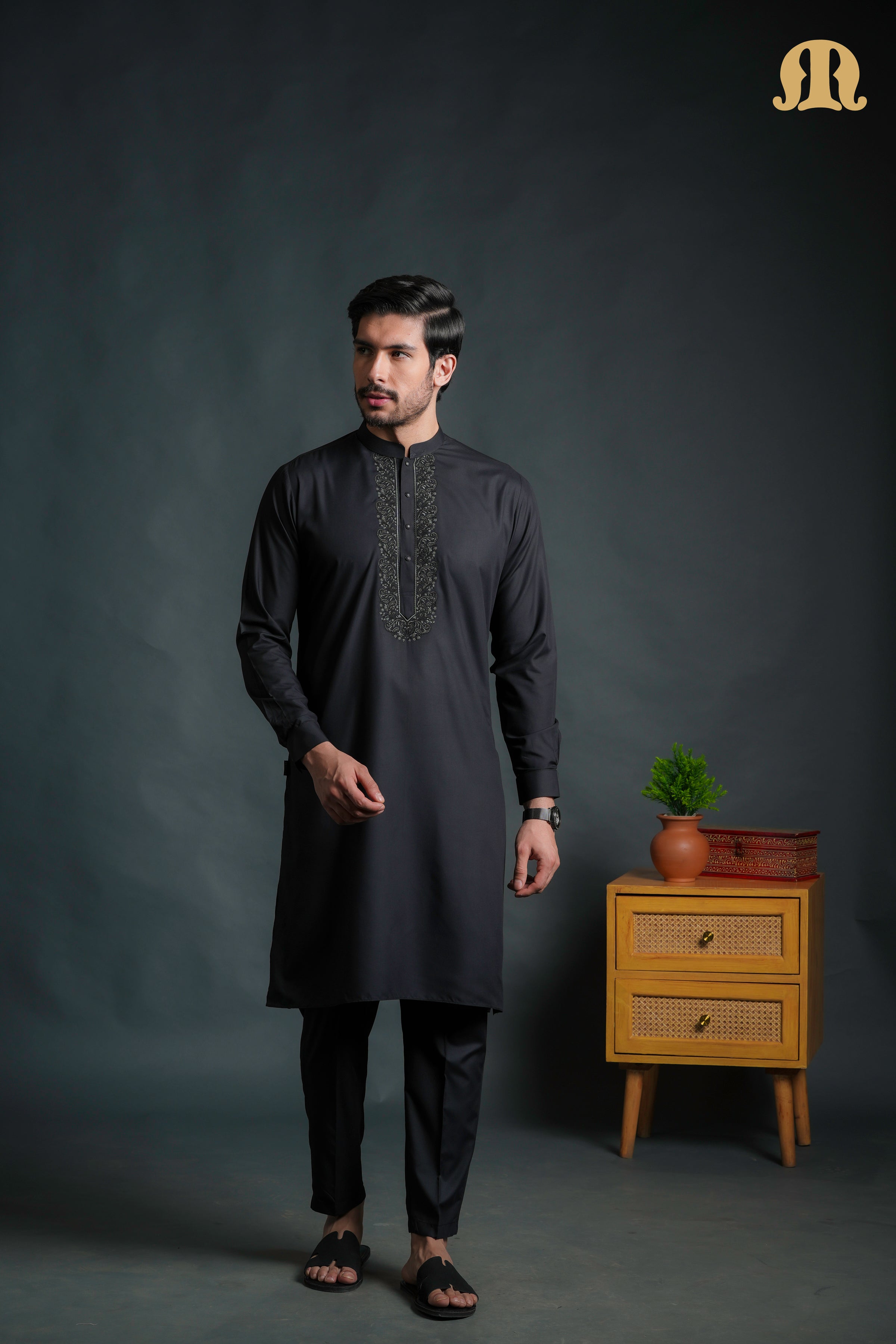 Sobrio Embroidered Black Kurta Set Men
