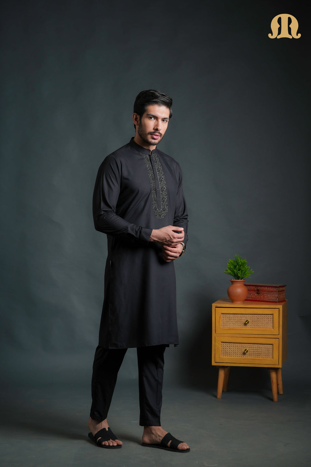 Sobrio Embroidered Black Kurta Set Men