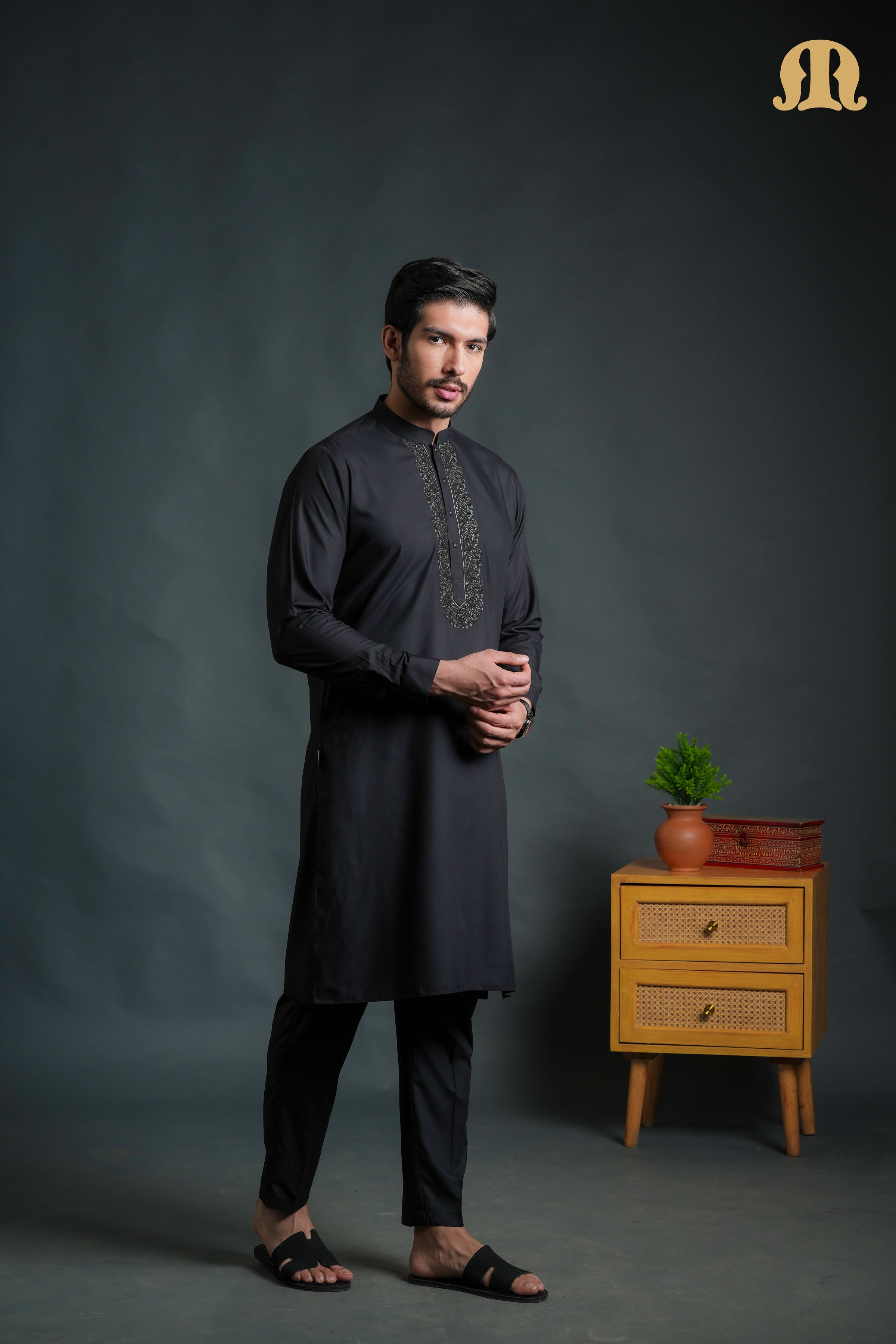 Sobrio Embroidered Black Kurta Set Men