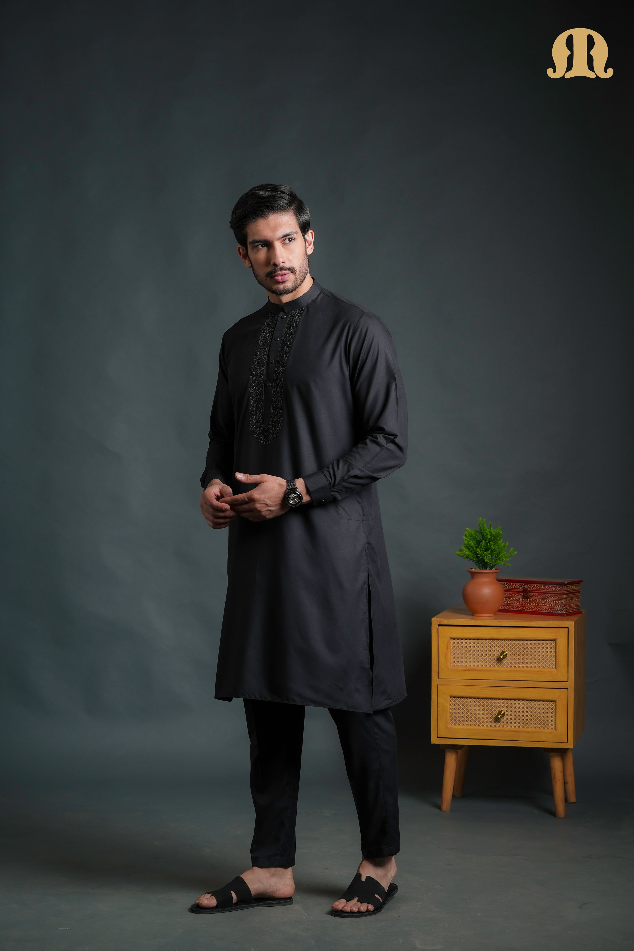 Sobrio Embroidered Black Kurta Set Men