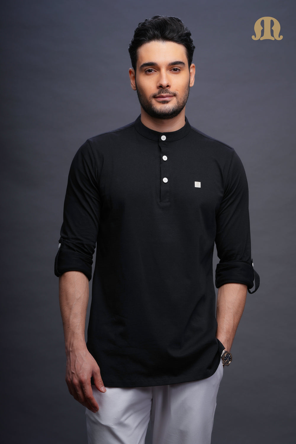 Asticus Knitted Short Kurta Payjama Set Black Men
