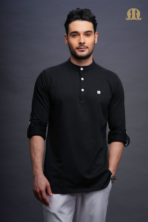 Asticus Knitted Short Kurta Payjama Set Black Men
