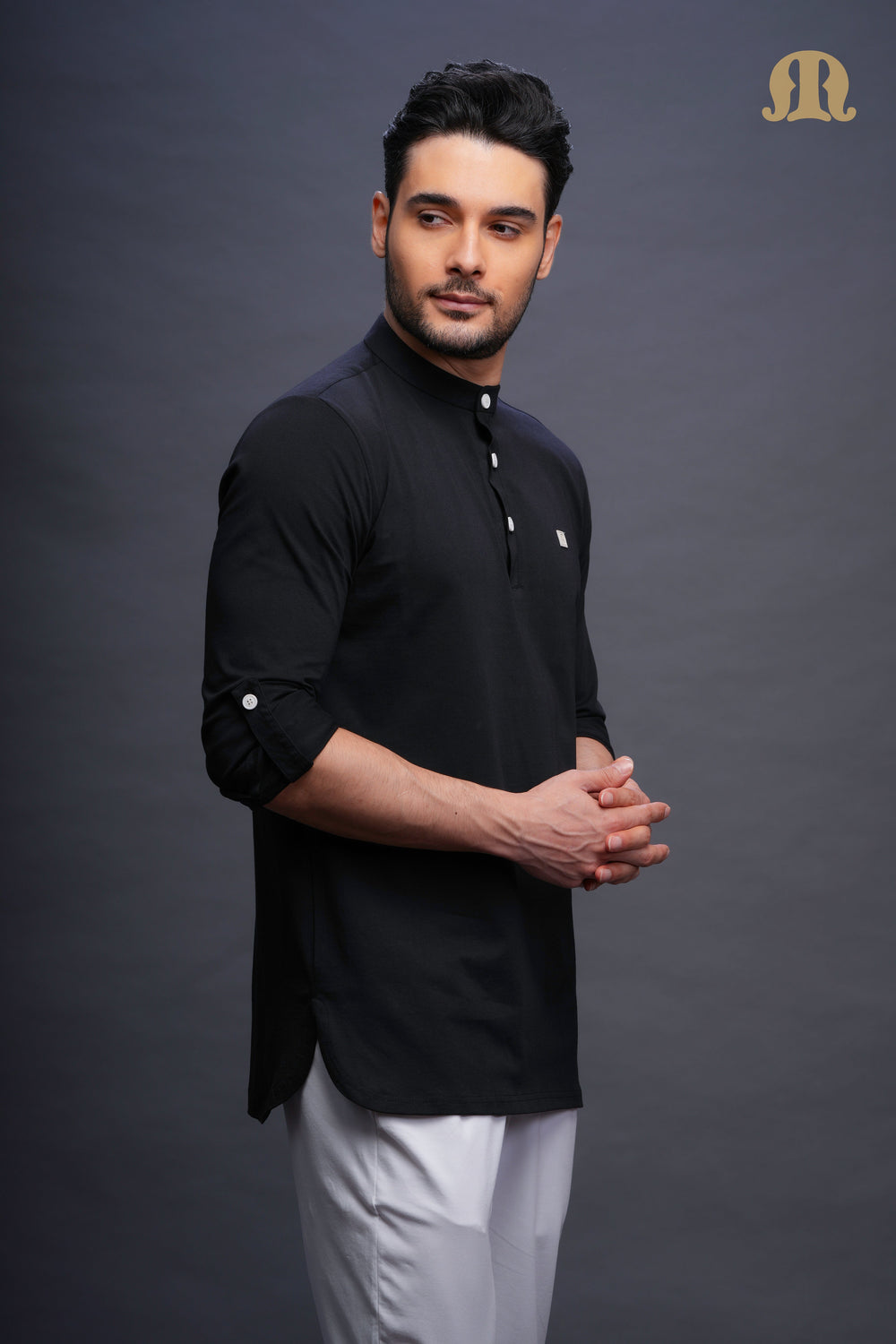 Asticus Knitted Short Kurta Payjama Set Black Men