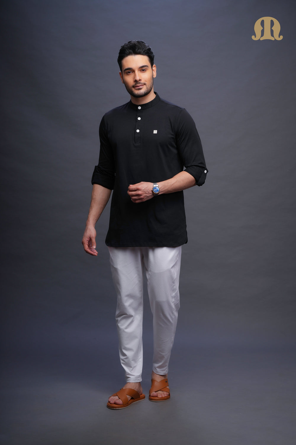 Asticus Knitted Short Kurta Payjama Set Black Men