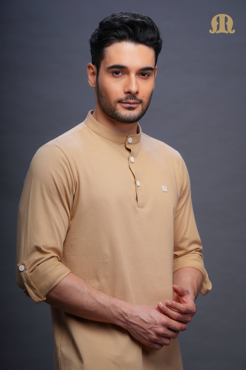 Asticus Knitted Short Kurta Payjama Set Beige Men
