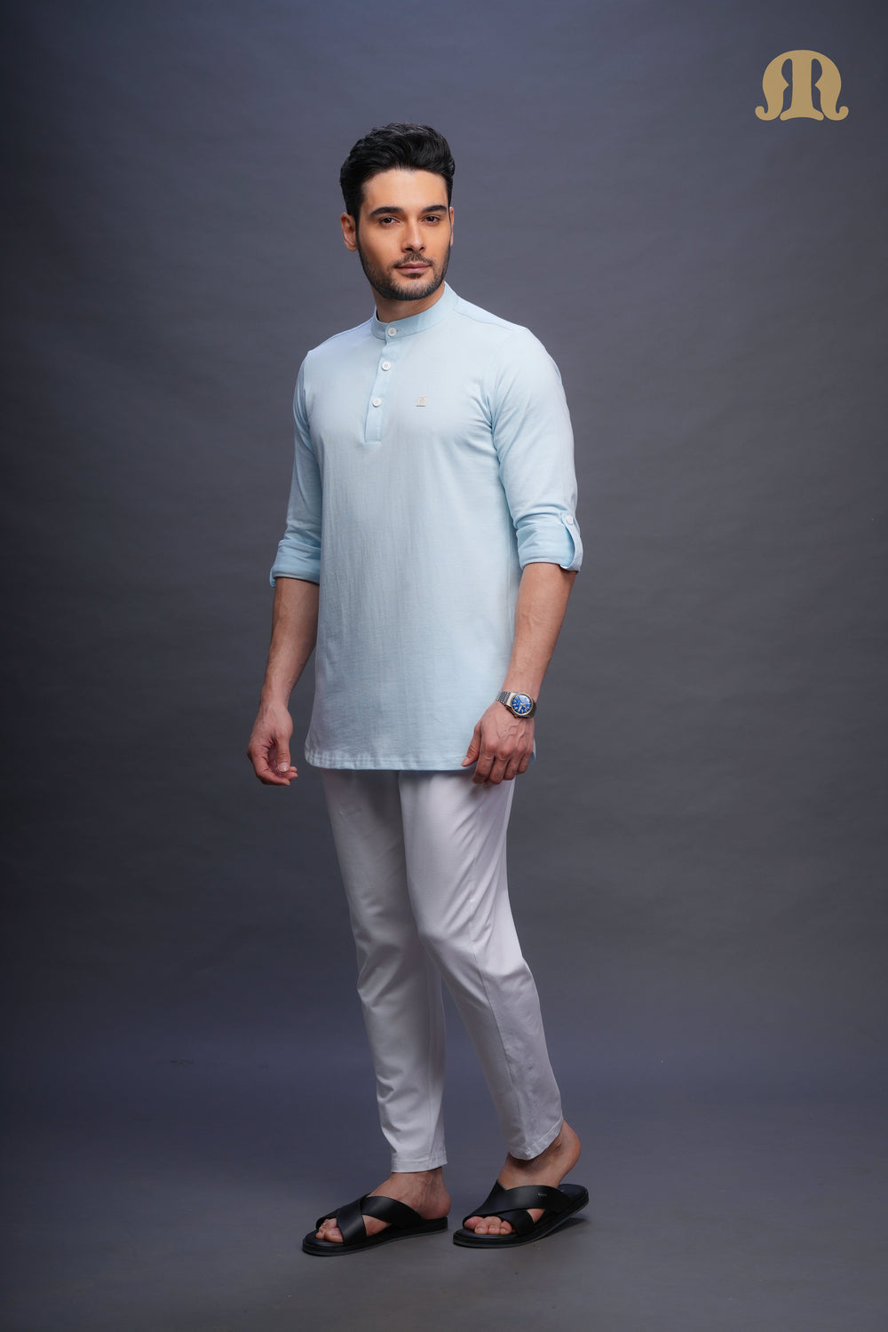 Asticus Knitted Short Kurta Payjama Set Sky Blue Men