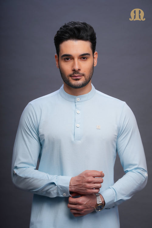 Asticus Knitted Short Kurta Payjama Set Sky Blue Men