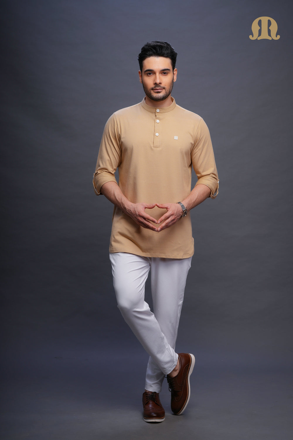 Asticus Knitted Short Kurta Payjama Set Beige Men