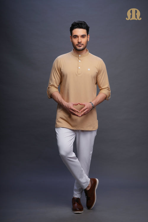 Asticus Knitted Short Kurta Payjama Set Beige Men