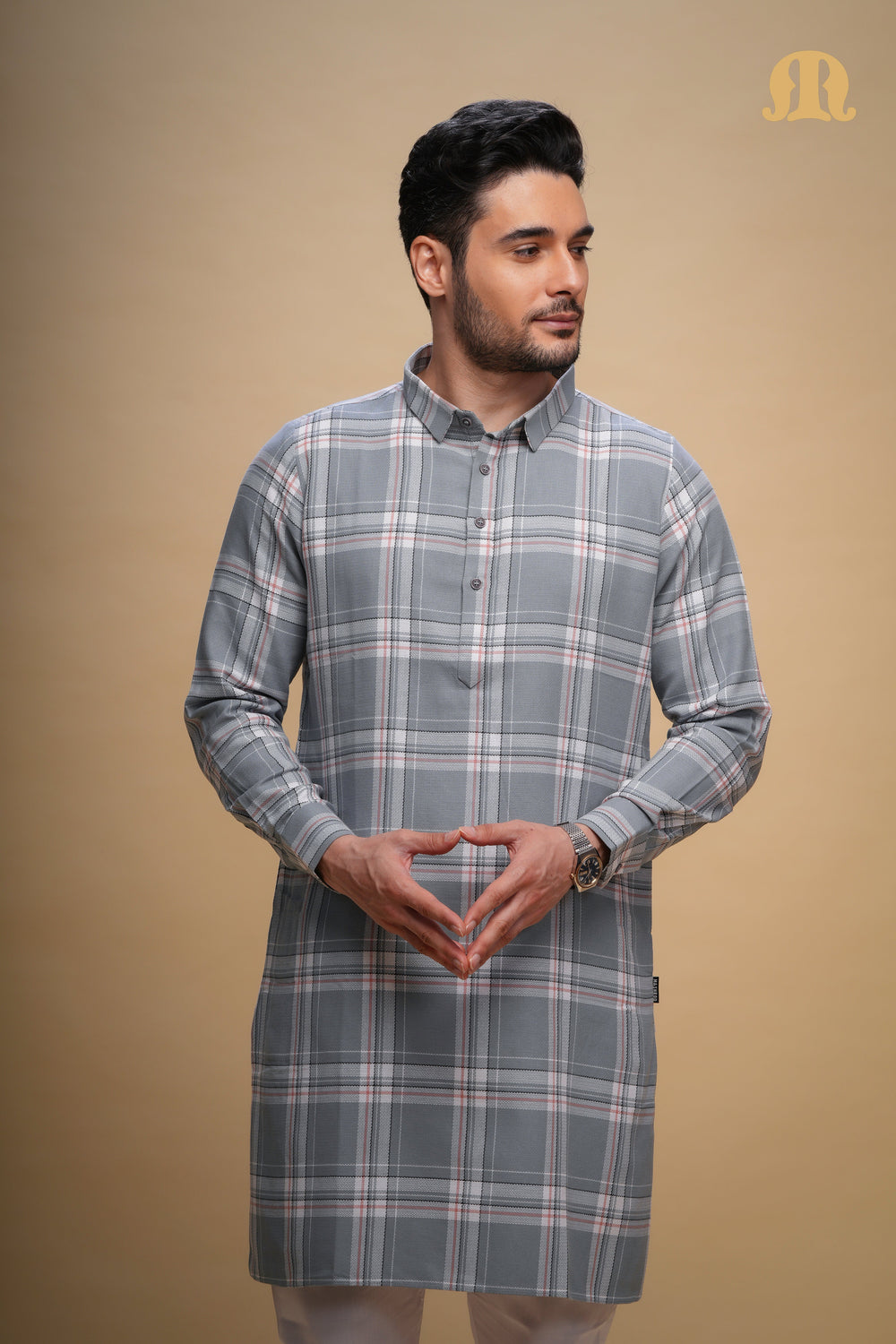 Oxen Checks Kurta Grey Set Men