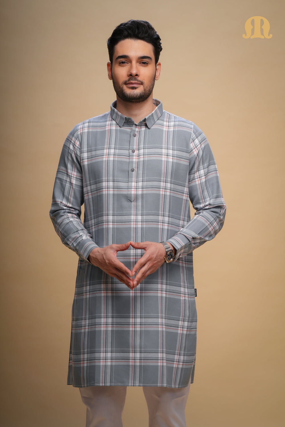 Oxen Checks Kurta Grey Set Men