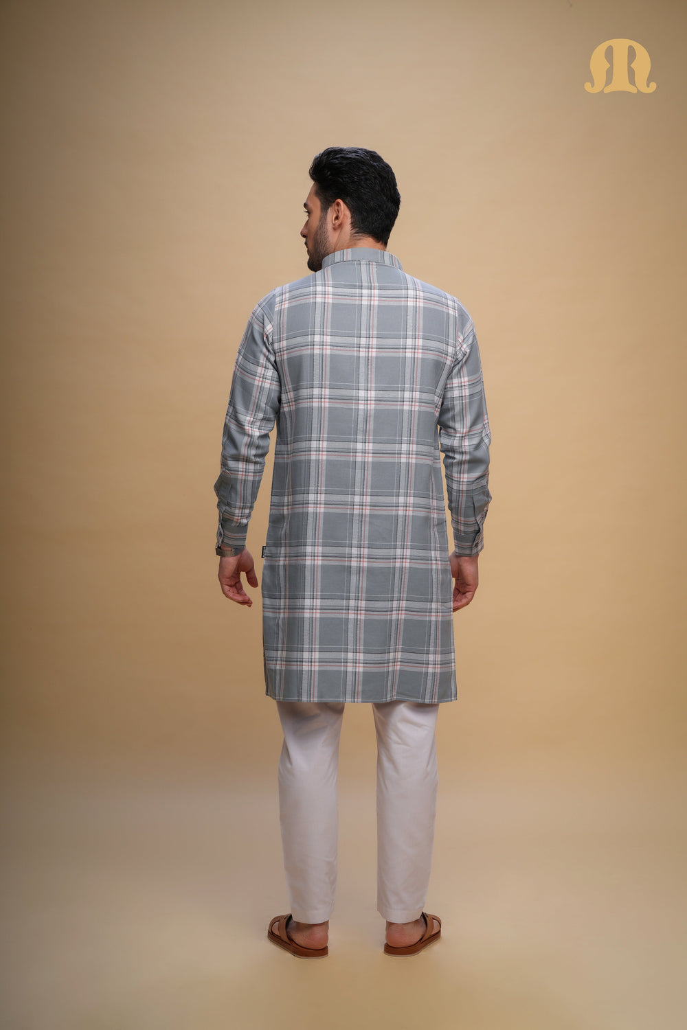 Oxen Checks Kurta Grey Set Men