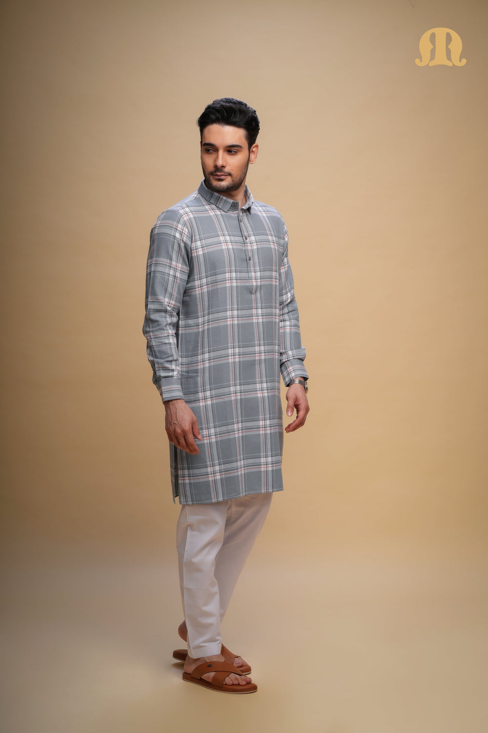 Oxen Checks Kurta Grey Set Men