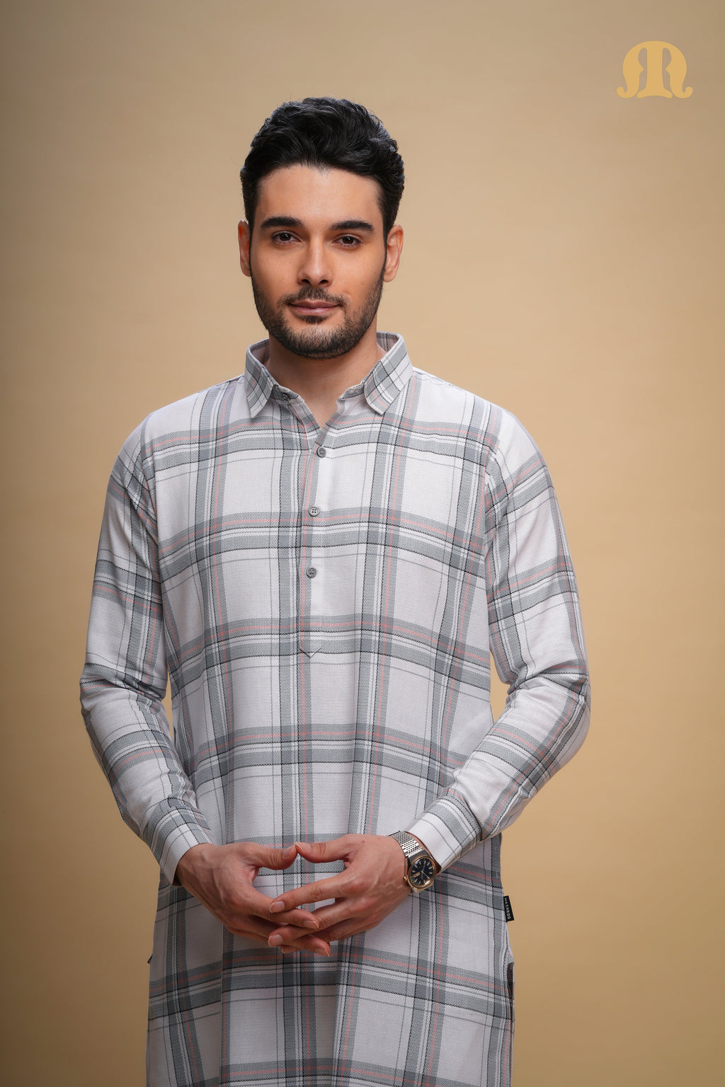 Oxen Checks Kurta White Set Men