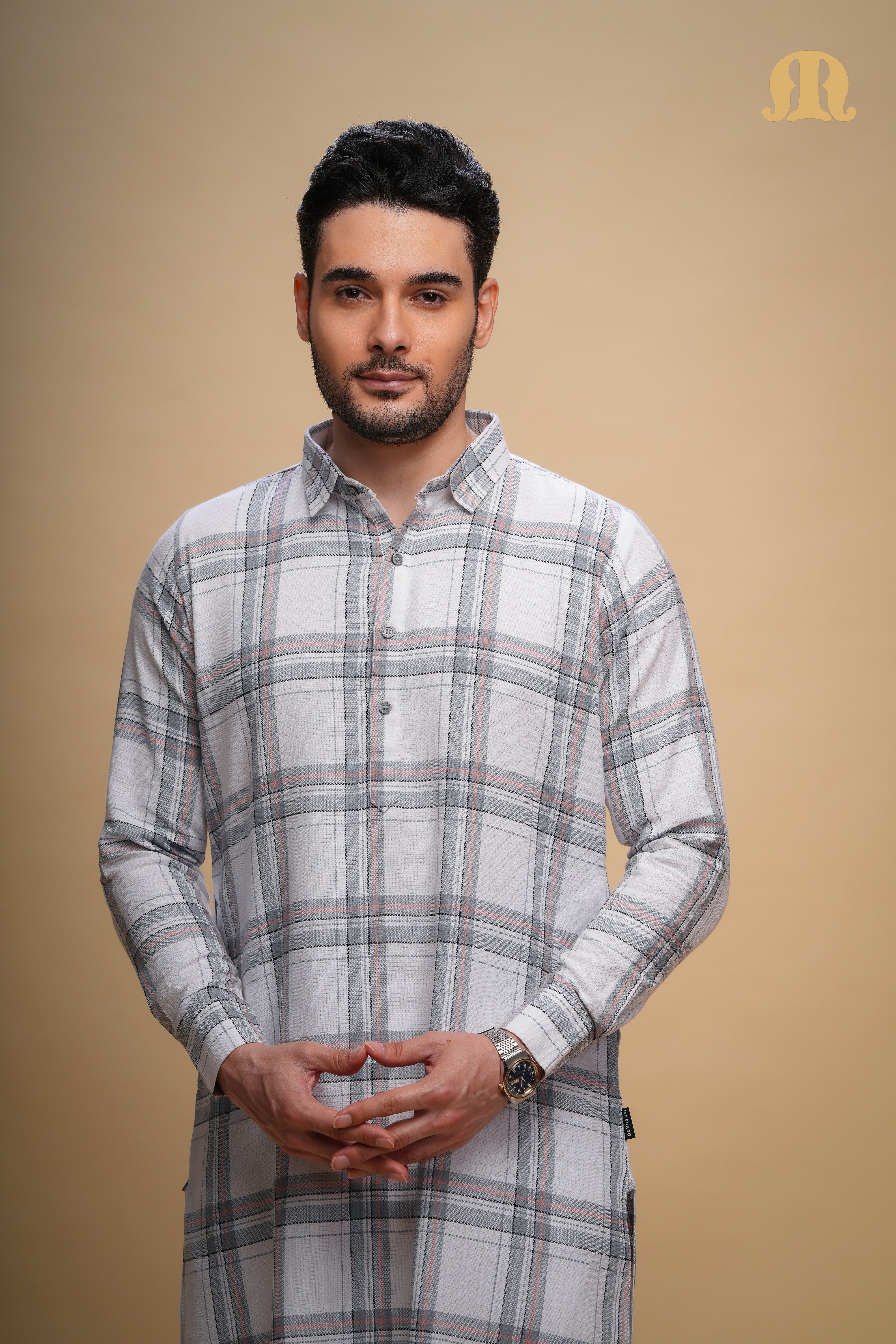 Oxen Checks Kurta White Set Men
