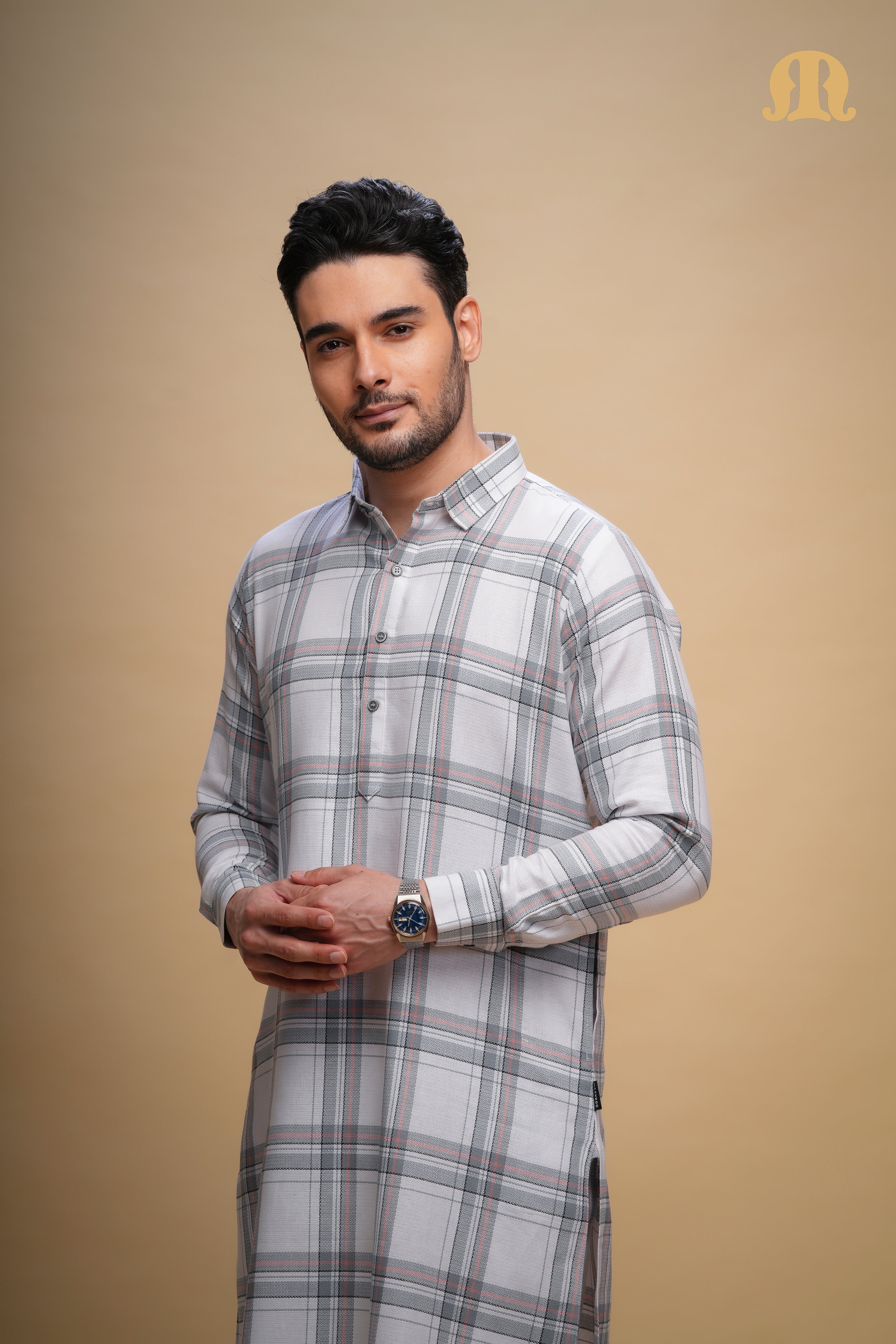 Oxen Checks Kurta White Set Men
