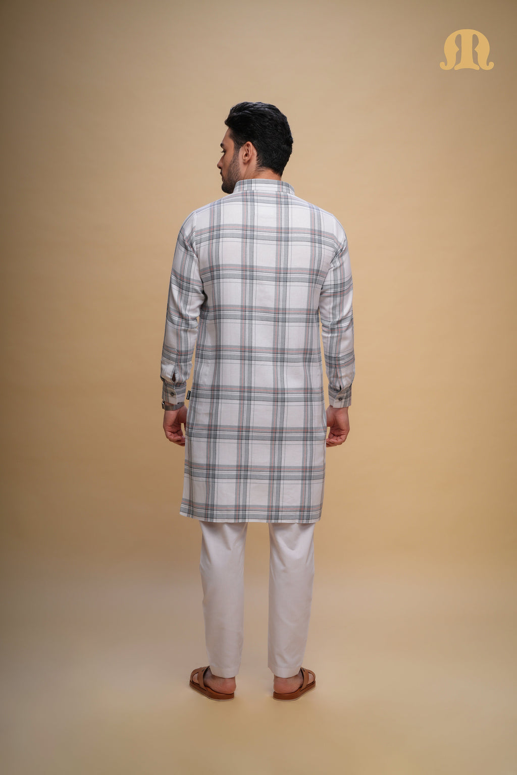 Oxen Checks Kurta White Set Men