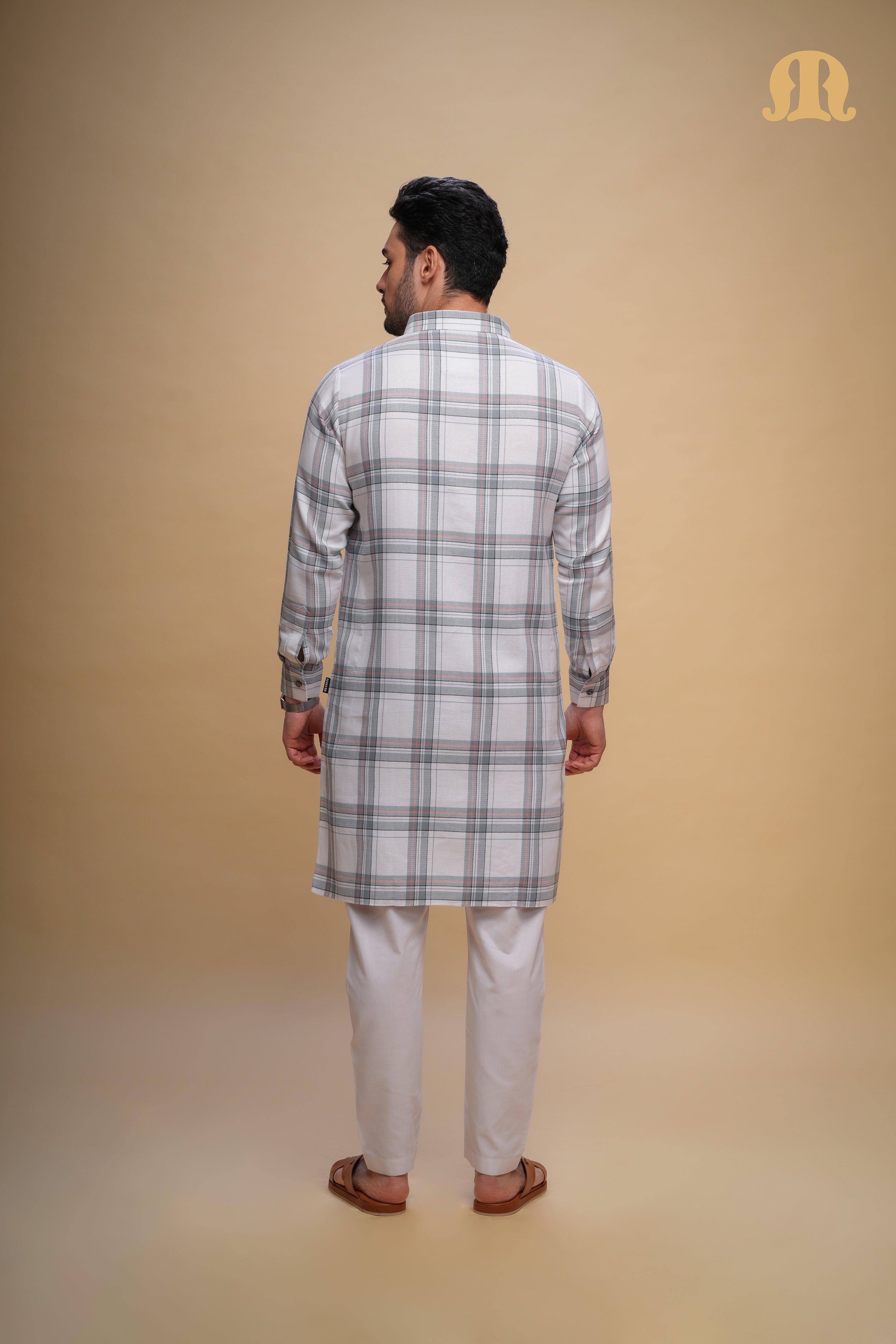 Oxen Checks Kurta White Set Men