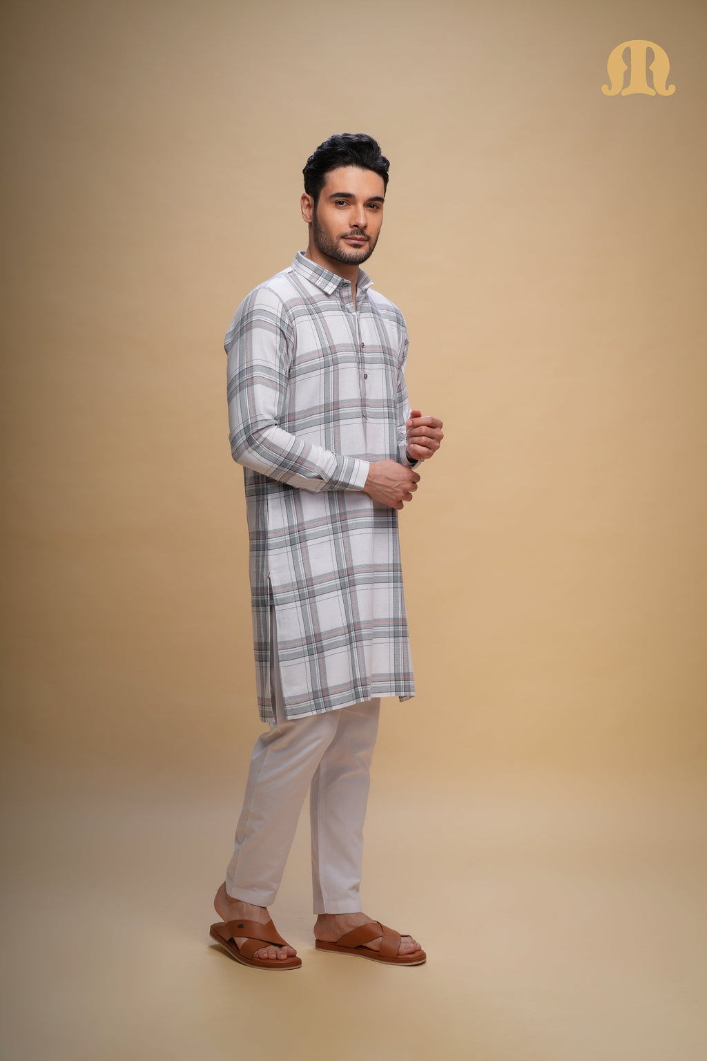 Oxen Checks Kurta White Set Men