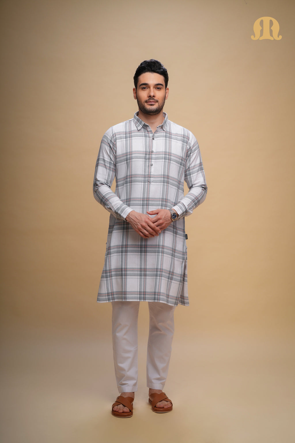 Oxen Checks Kurta White Set Men