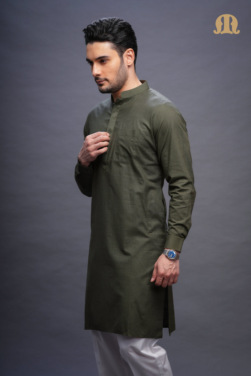Rusal Stripe Kurta Green Set Men