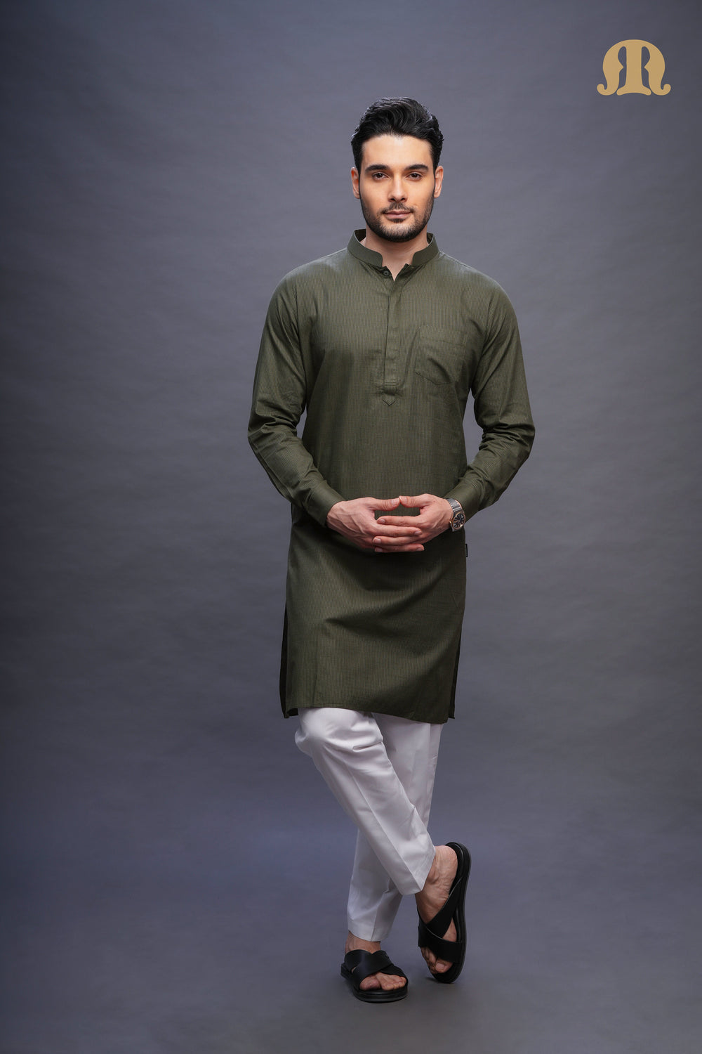 Rusal Stripe Kurta Green Set Men