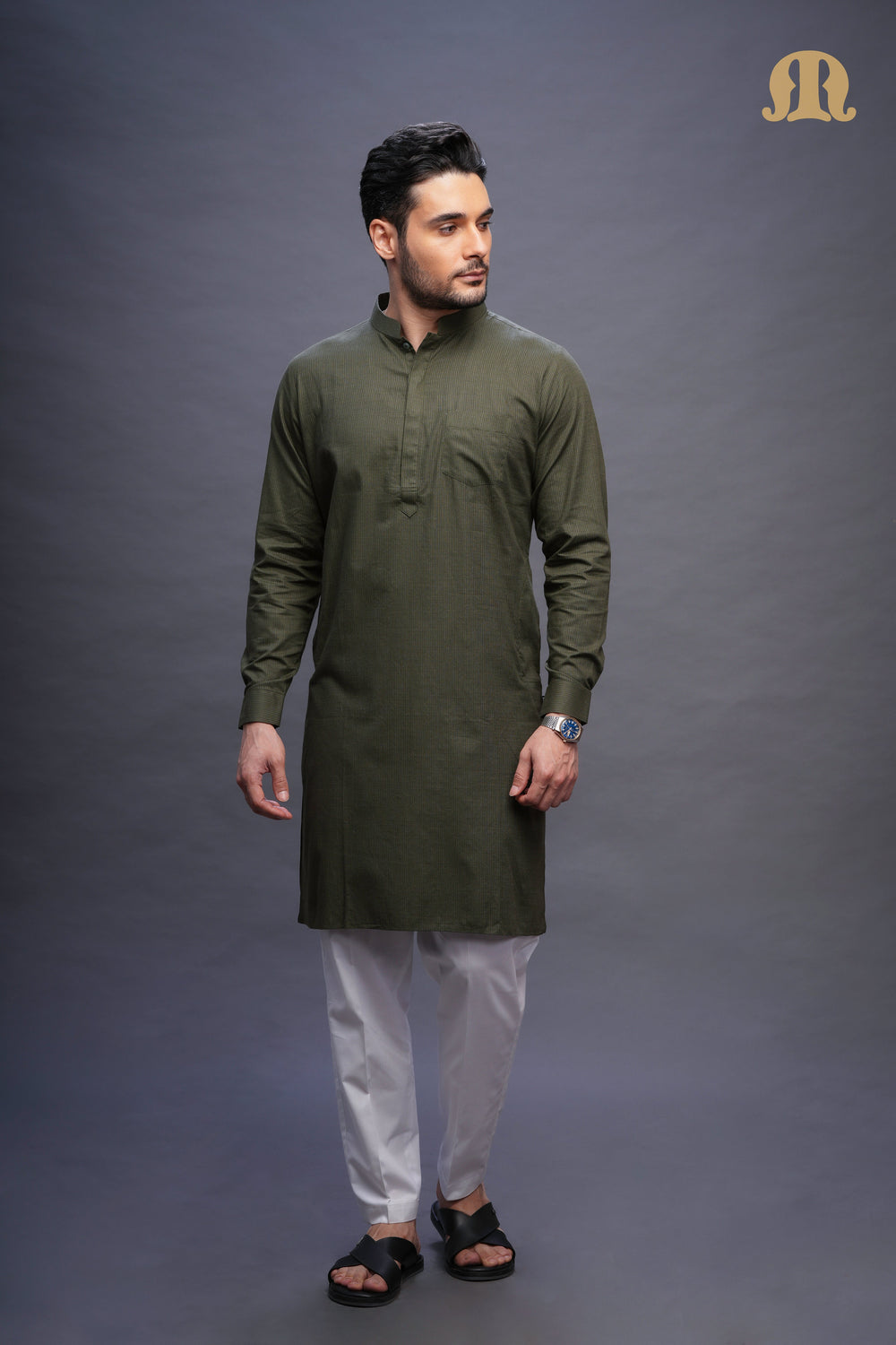 Rusal Stripe Kurta Green Set Men