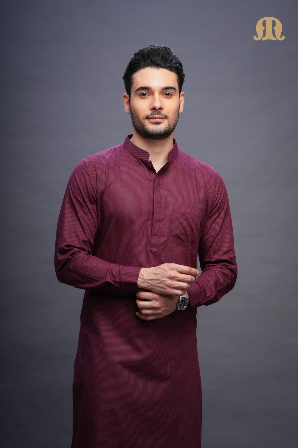 Rusal Stripe Kurta Maroon Set Men