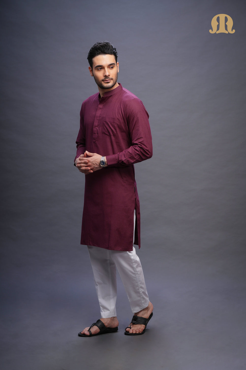 Rusal Stripe Kurta Maroon Set Men