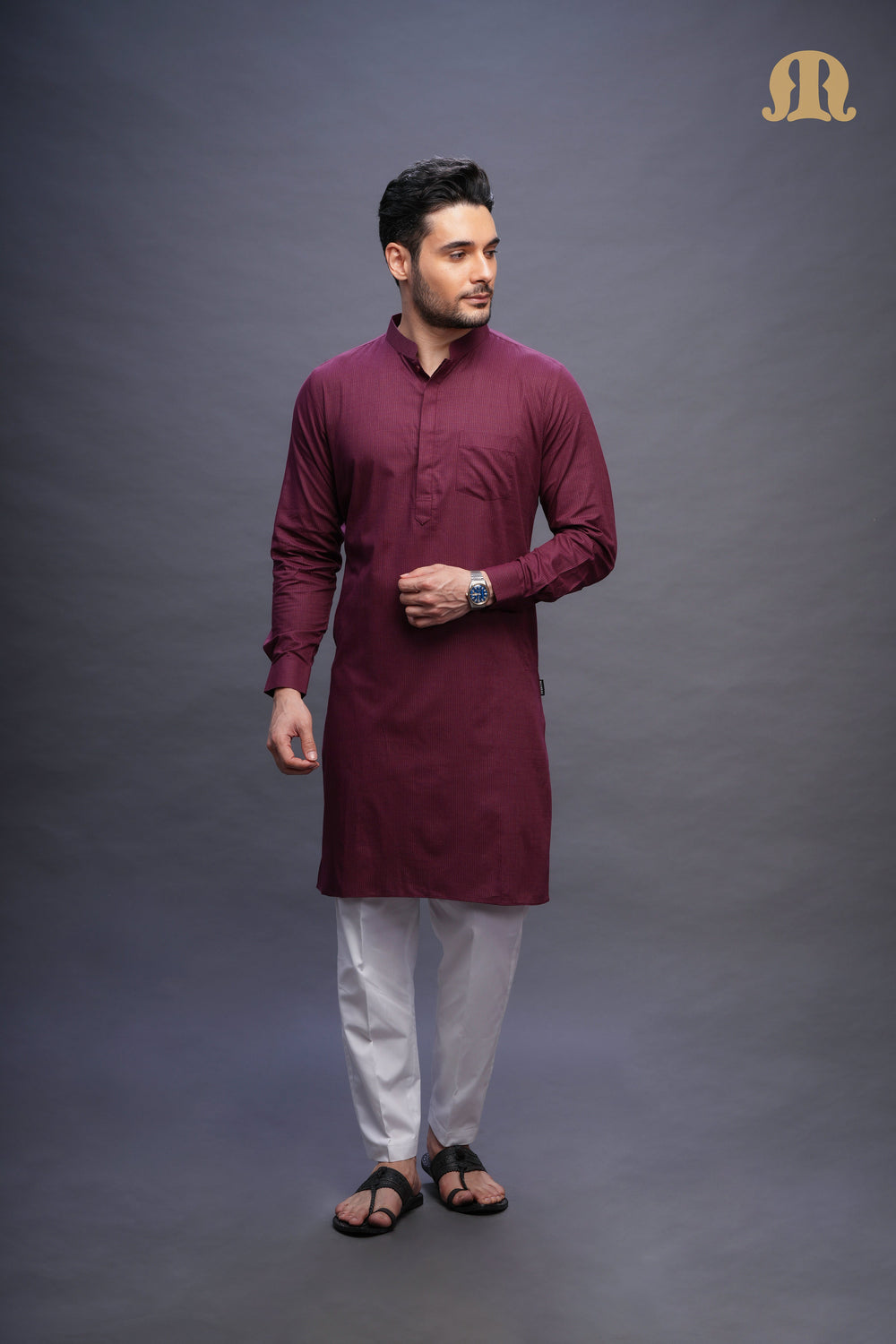 Rusal Stripe Kurta Maroon Set Men