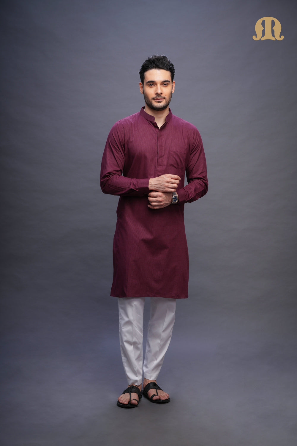 Rusal Stripe Kurta Maroon Set Men