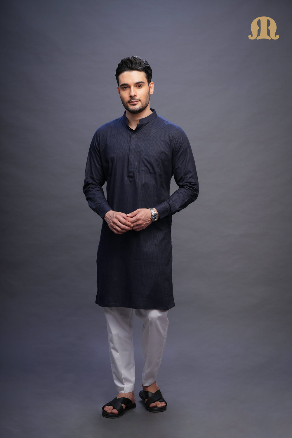 Rusal Stripe Kurta Navy Set Men