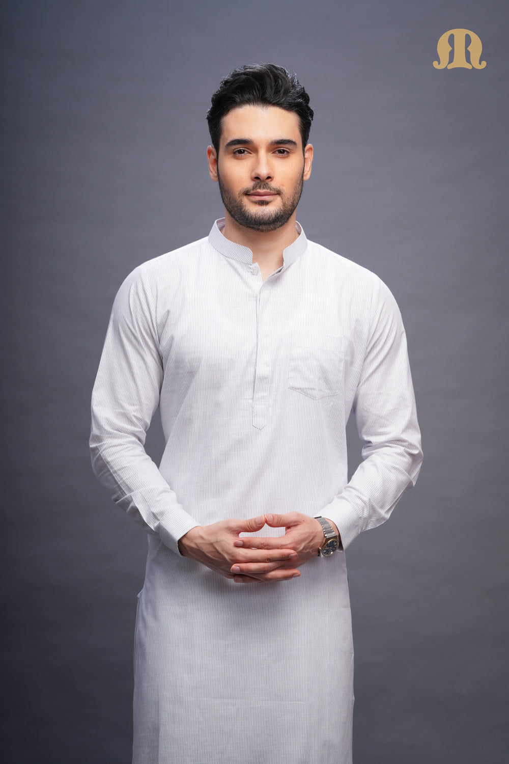 Rusal Stripe Kurta White Set Men