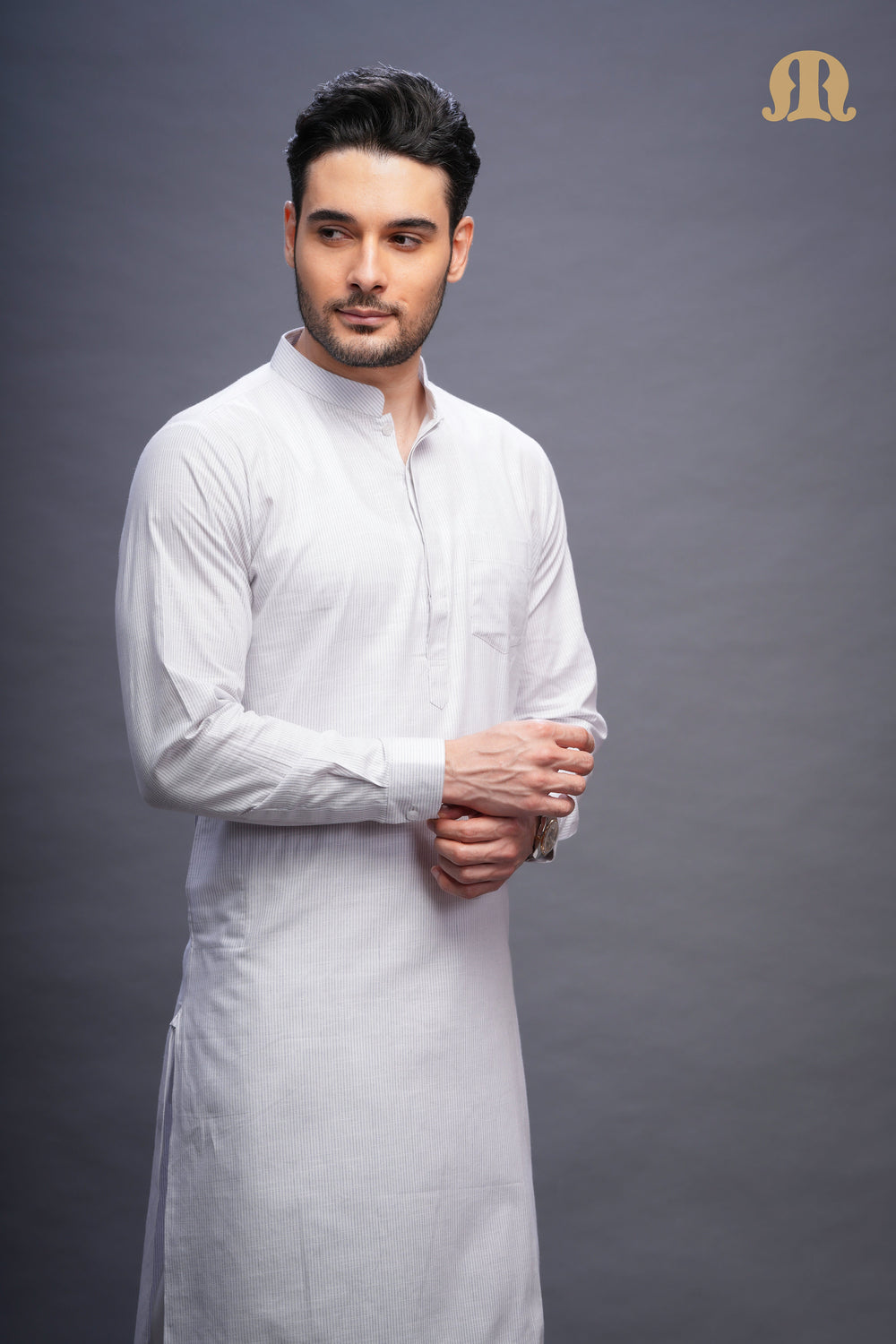 Rusal Stripe Kurta White Set Men