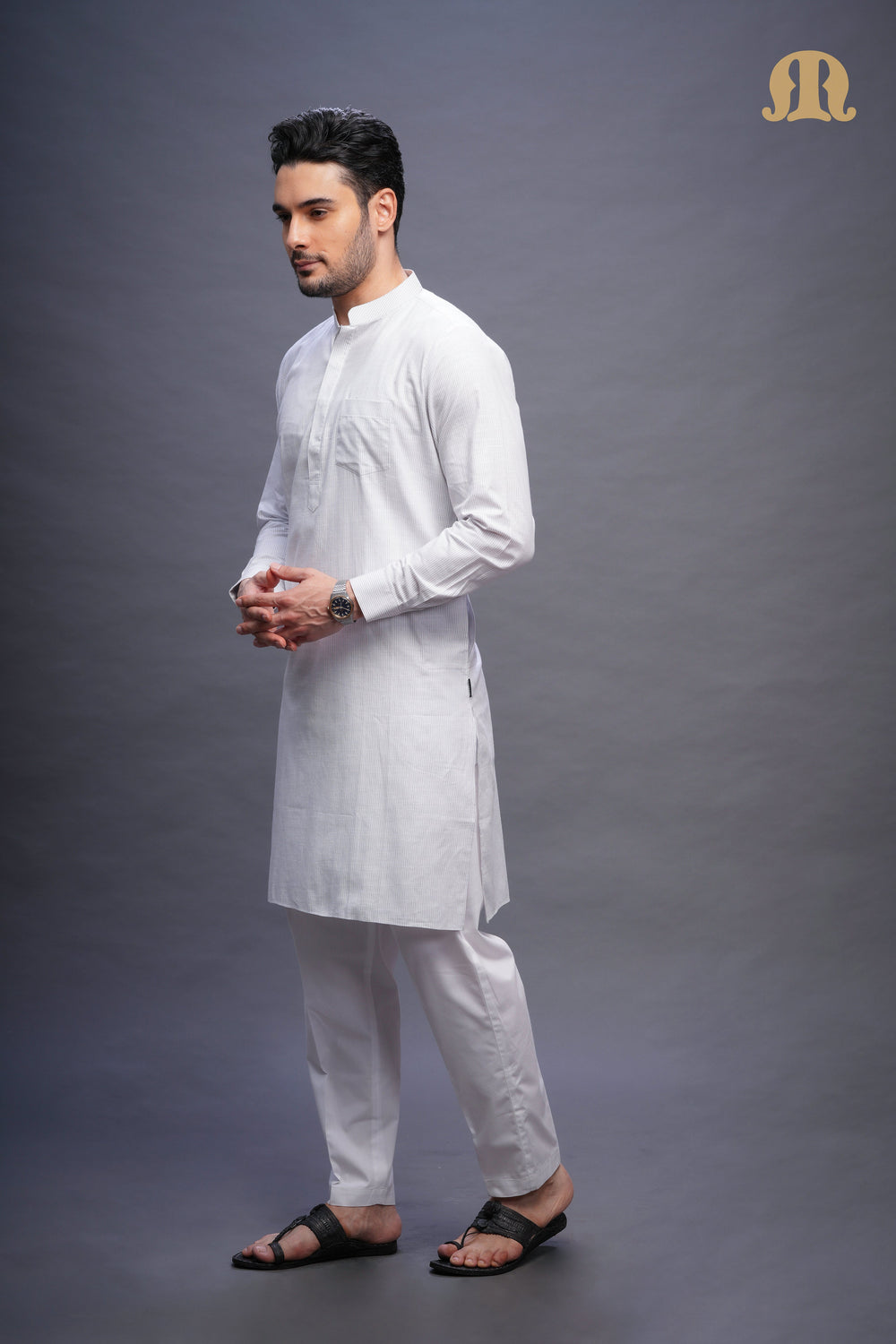 Rusal Stripe Kurta White Set Men