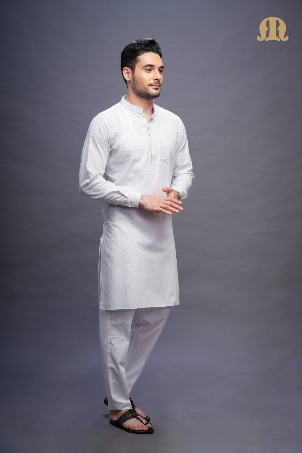 Rusal Stripe Kurta White Set Men