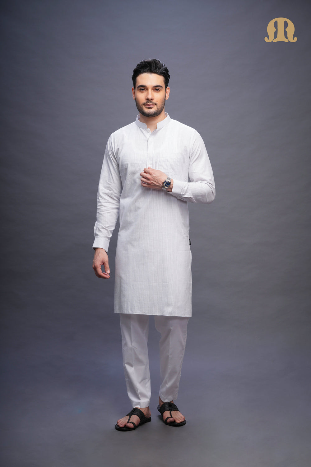 Rusal Stripe Kurta White Set Men