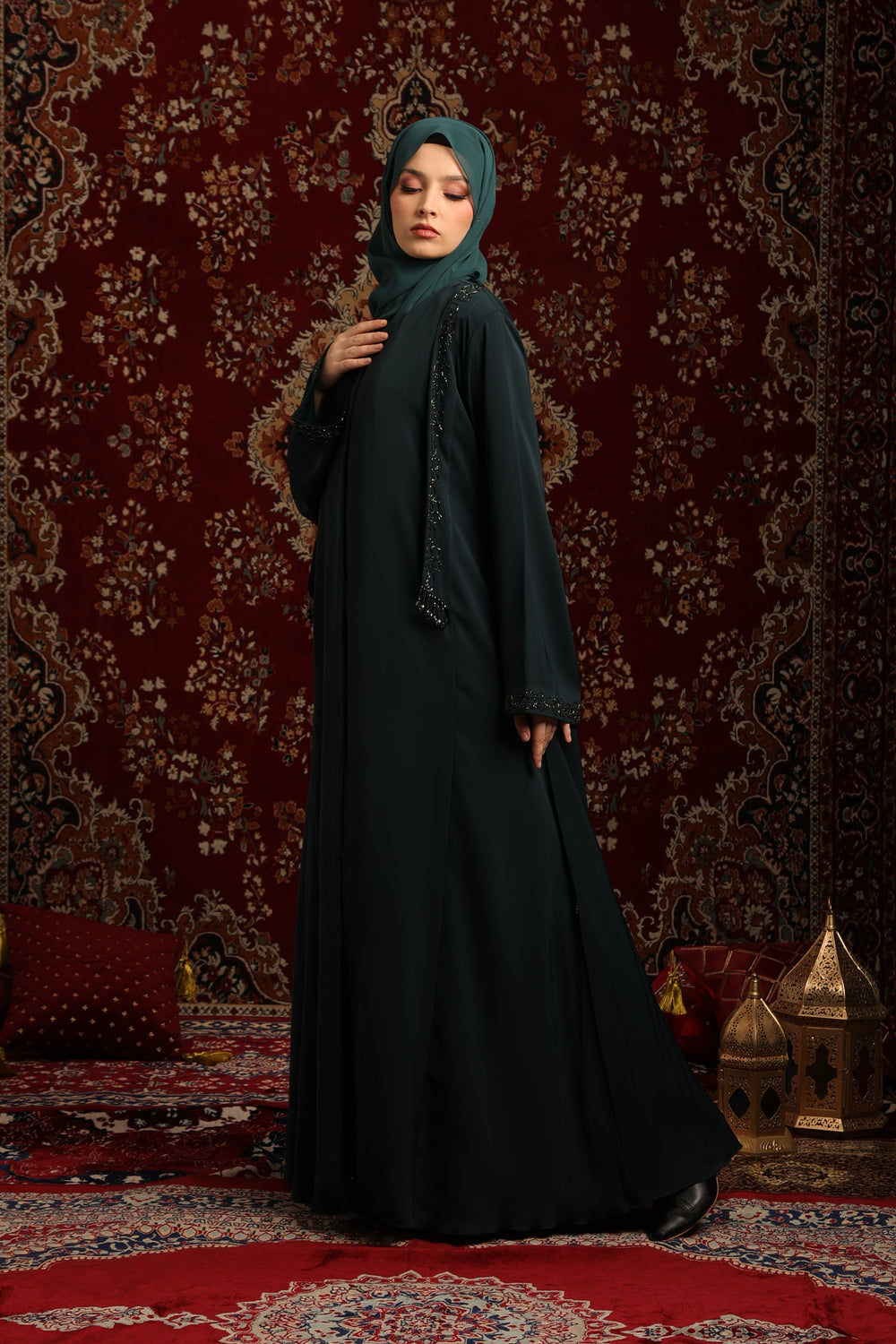 Embellished Flap Front-Open Abaya