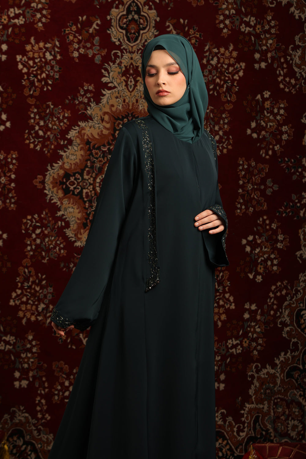 Embellished Flap Front-Open Abaya