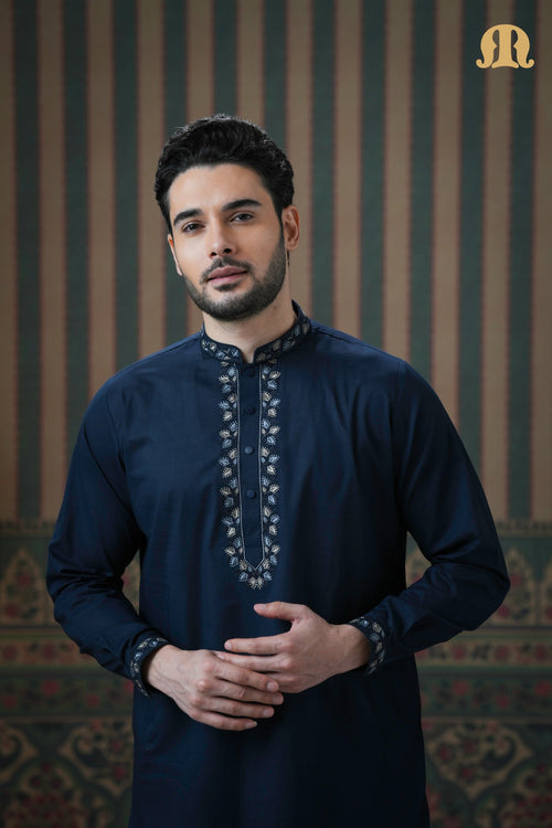 Ahyan Embroidered Kurta Navy Blue 2.0 for Men