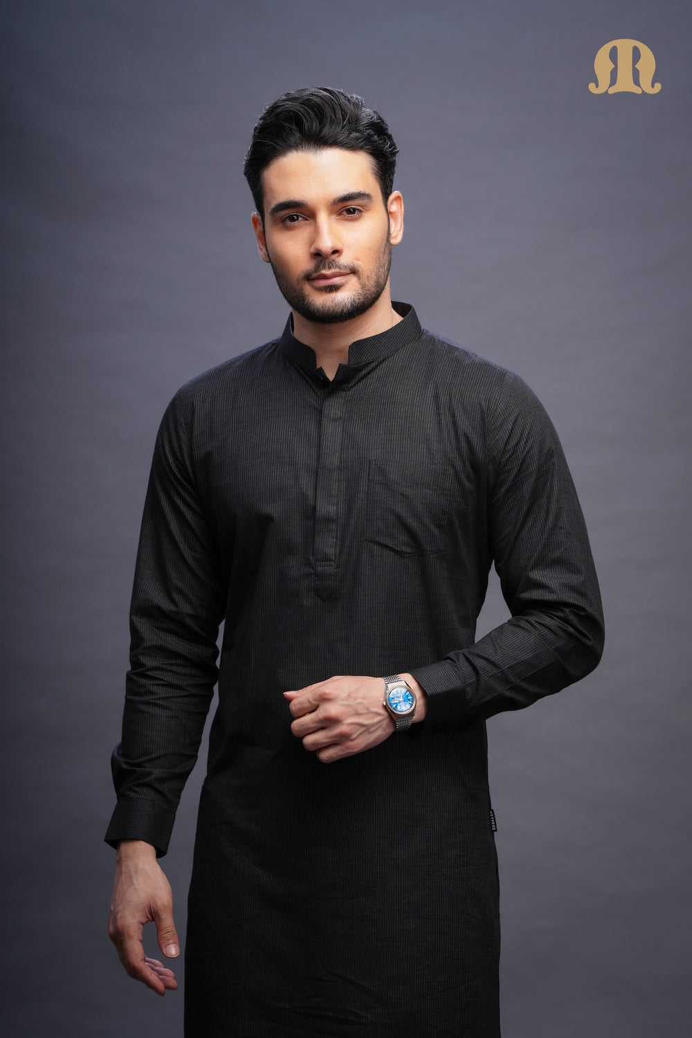 Rusal Stripe Kurta Black Set Men