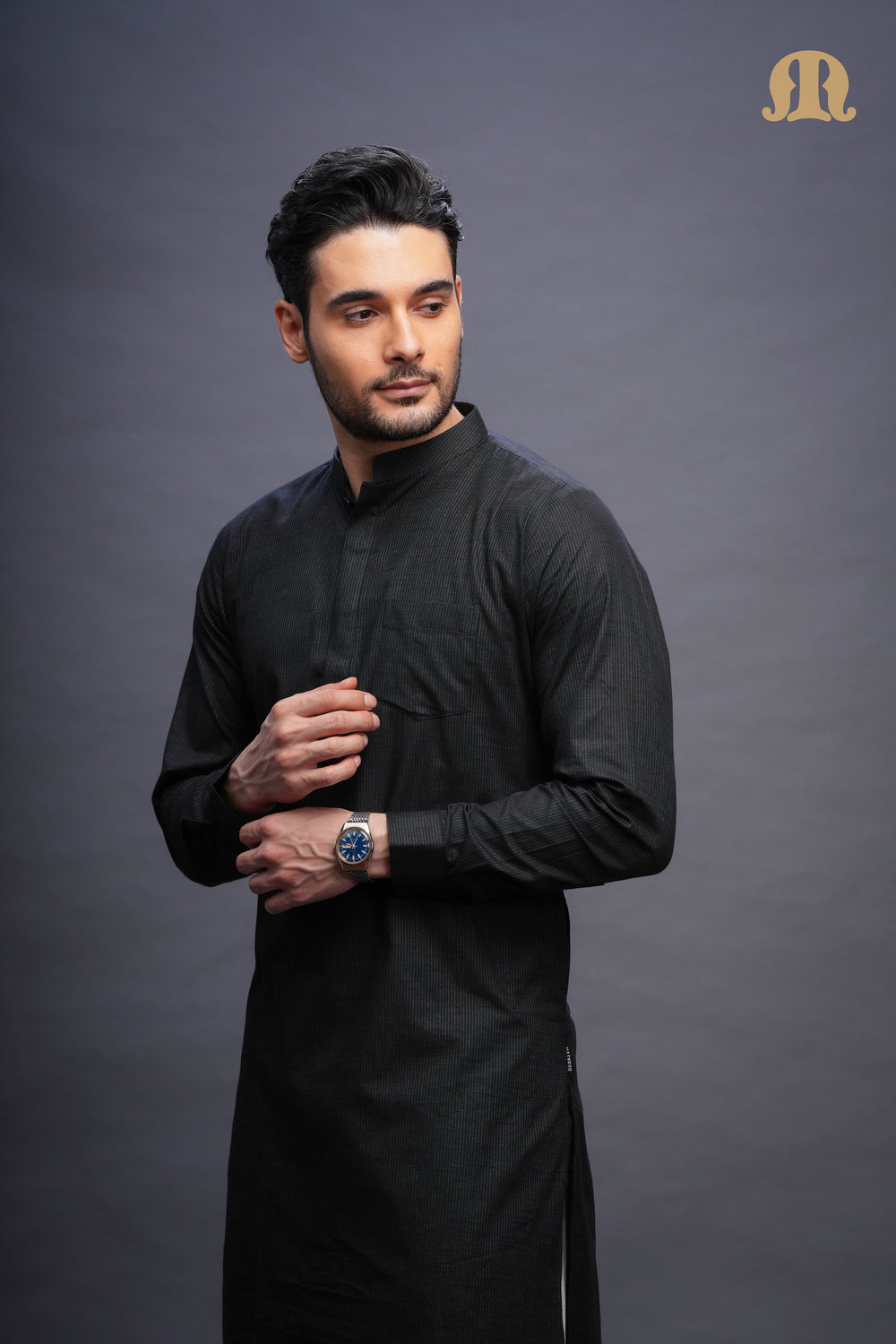Rusal Stripe Kurta Black Set Men