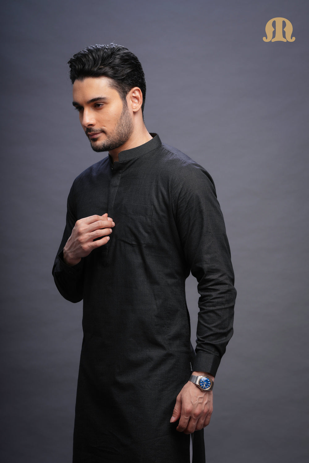 Rusal Stripe Kurta Black Set Men