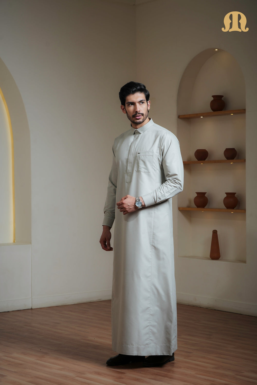 Iraf Embroidered Qatari Light Green Thobe Mens