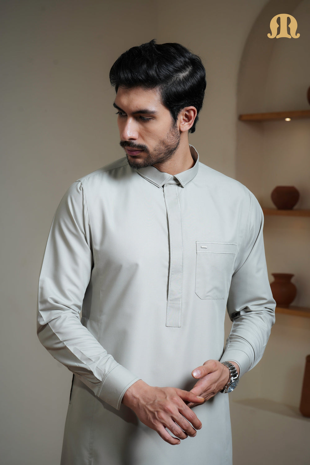 Iraf Embroidered Qatari Light Green Thobe Mens