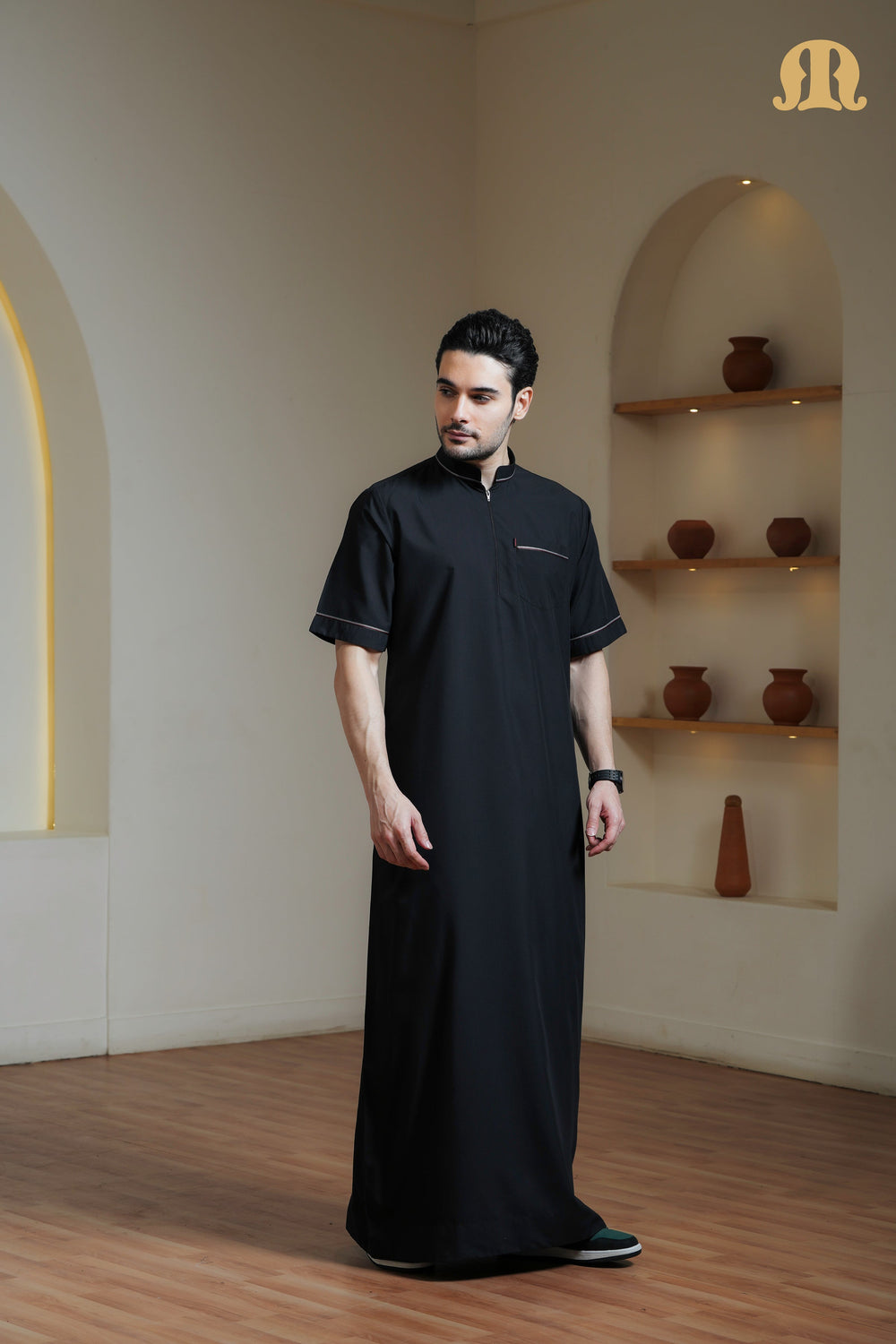 Black Basico Half Sleeve Thobe Men