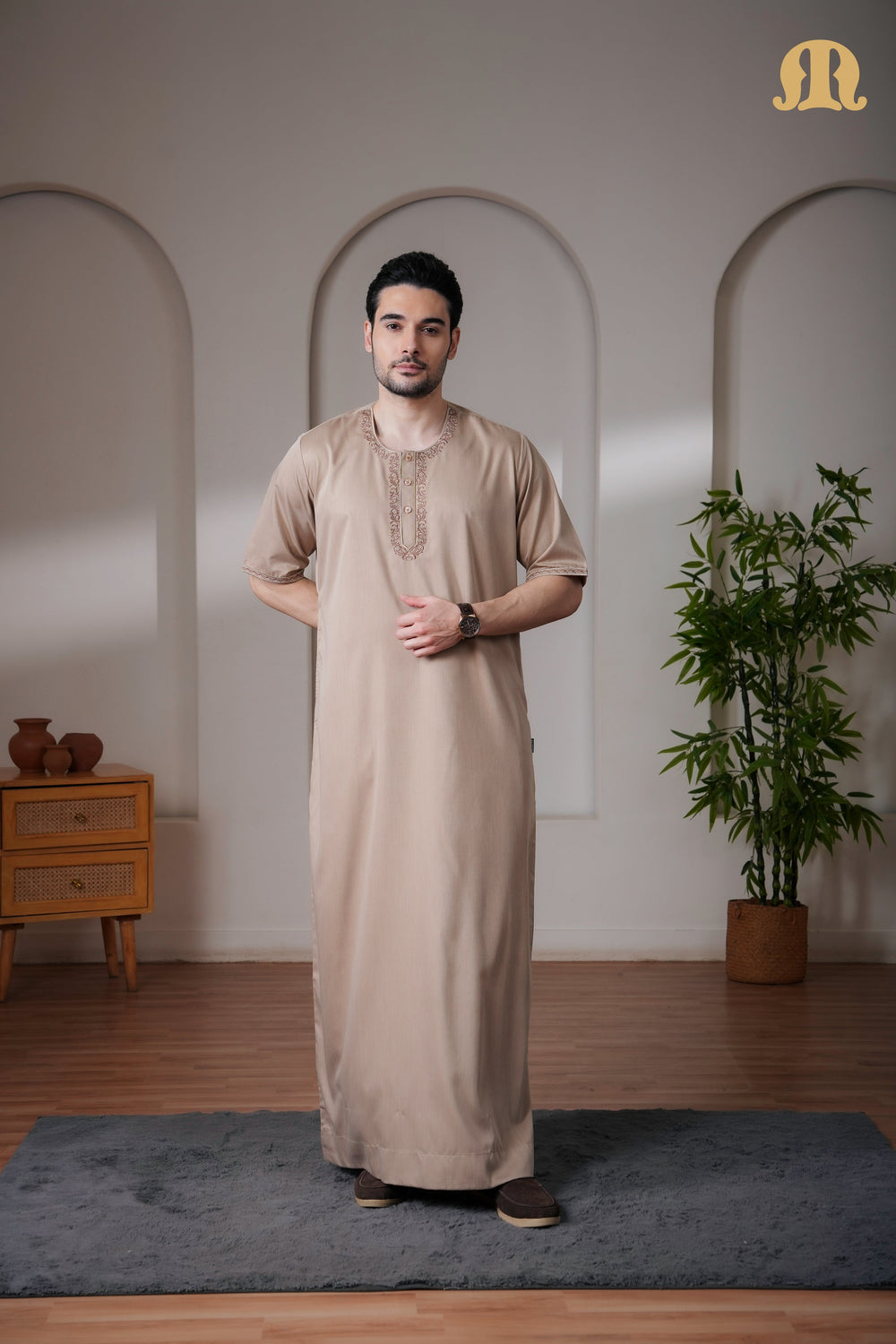 Beige Andak Half Sleeve Thobe Mens